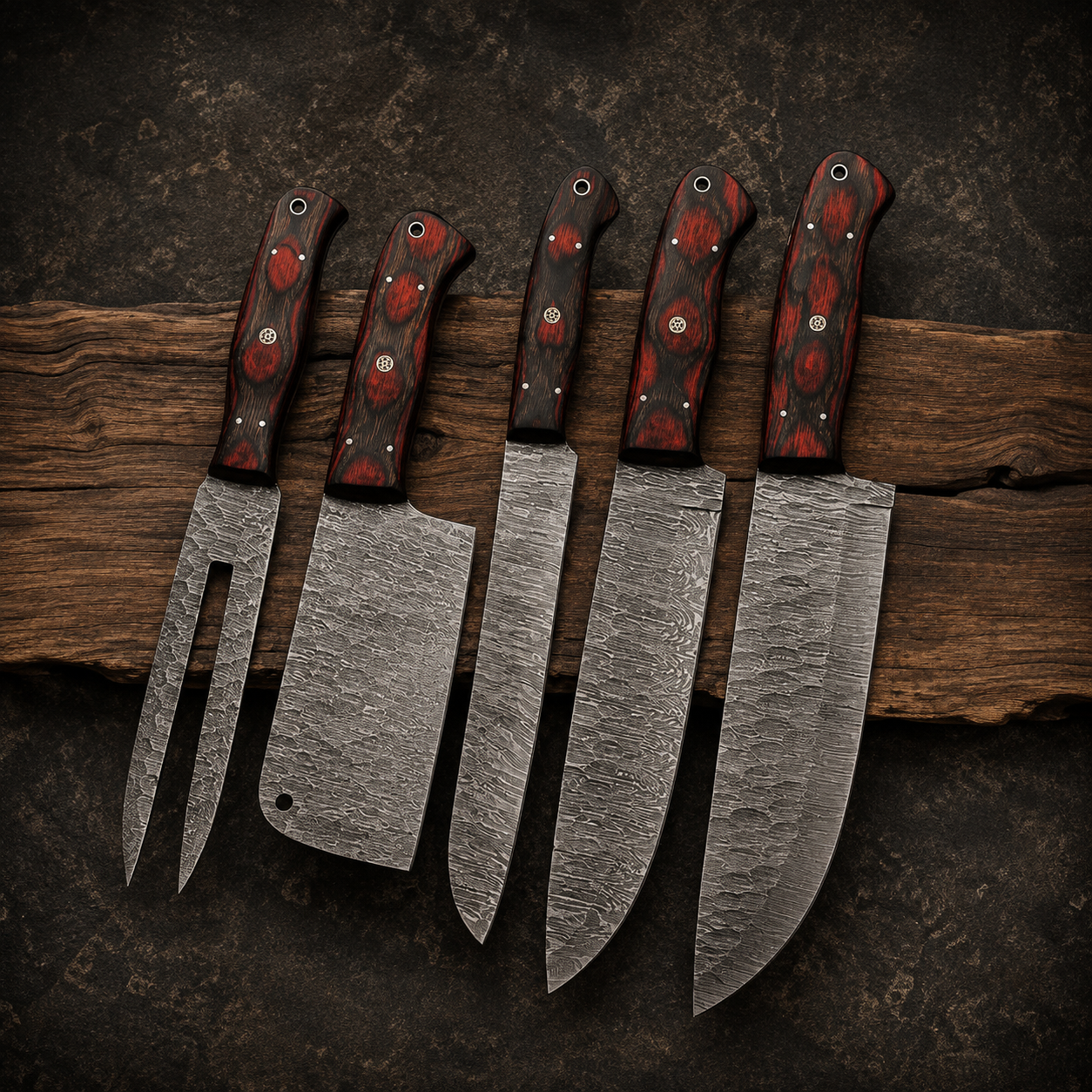 5-Piece Damascus Set – Red & Black Checkered Handles